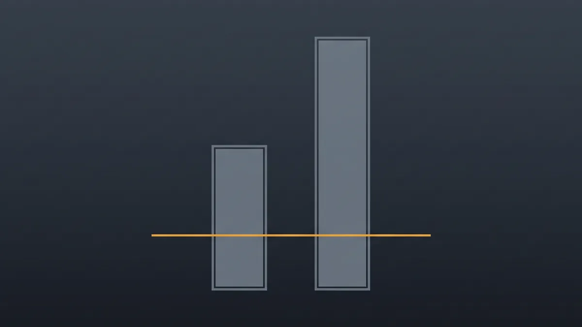 Two vertical steel grey bars of very different heights, with one low amber line crossing both