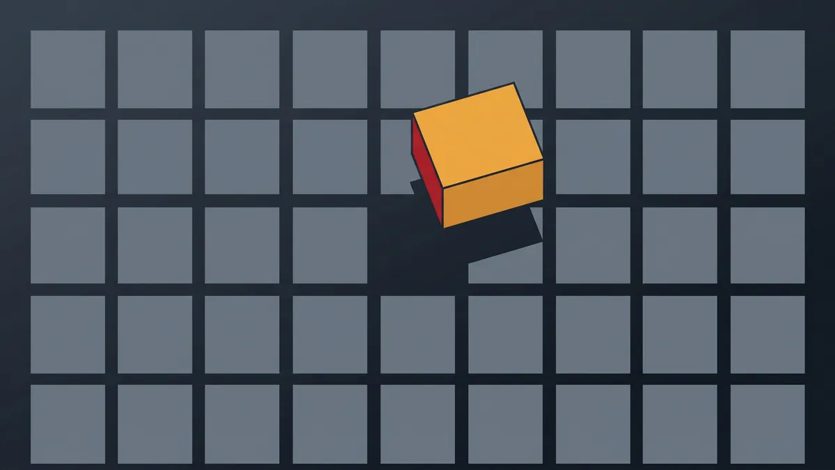 An amber square lifted out of a grid of grey squares, leaving a dark gap behind it
