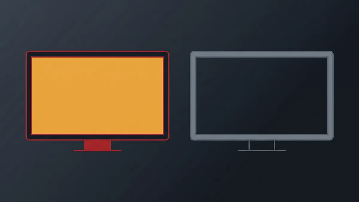 Two identical screens side by side, the left one lit amber, the right one dark and blank