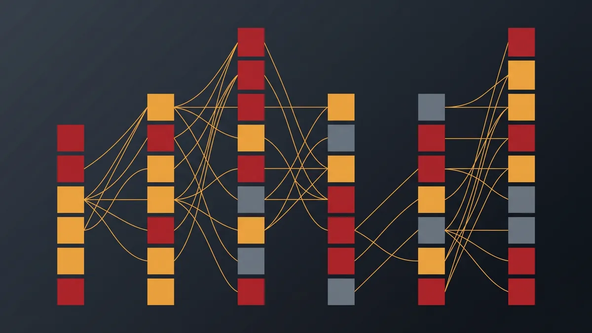 Six columns of stacked blocks with amber lines branching from each block to several in the next column