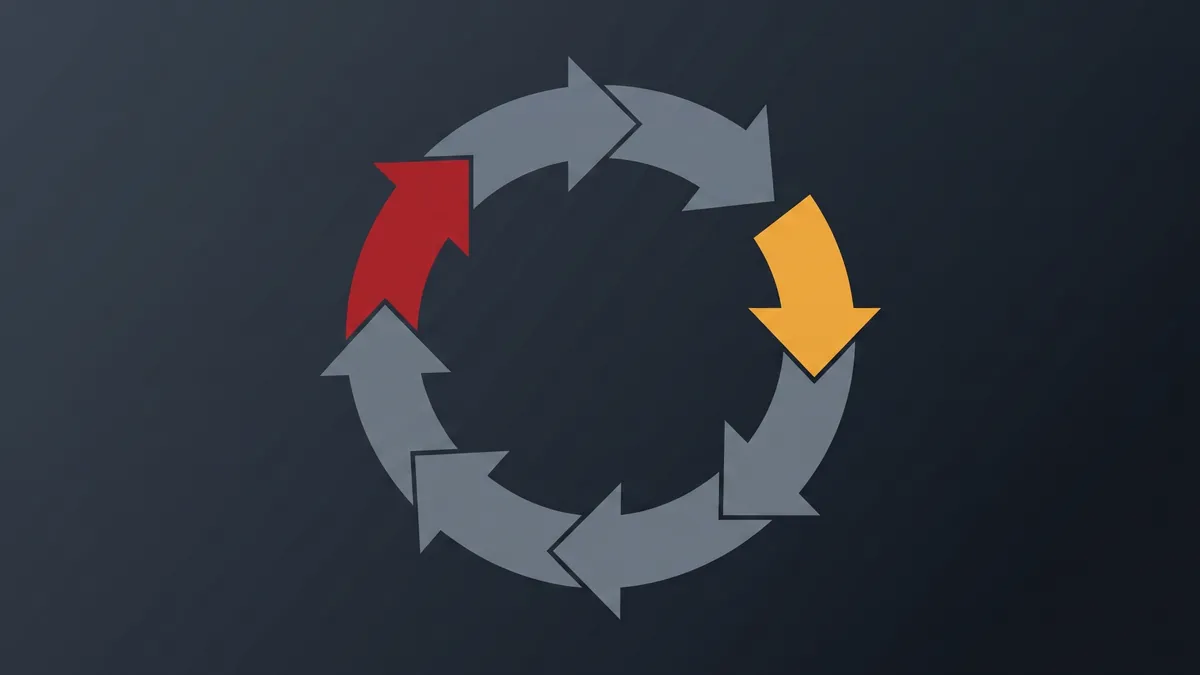 A grey loop of arrows with one segment removed, the gap marked in amber