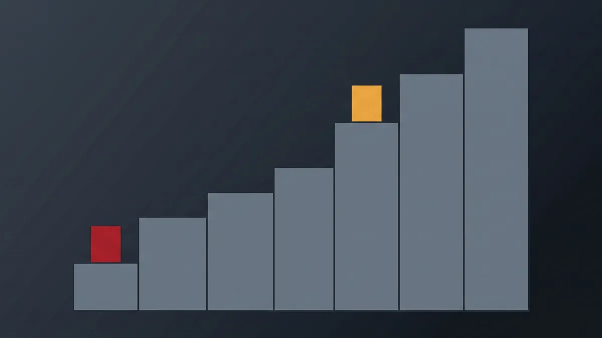 A rising staircase of grey blocks with a small amber marker near the top step