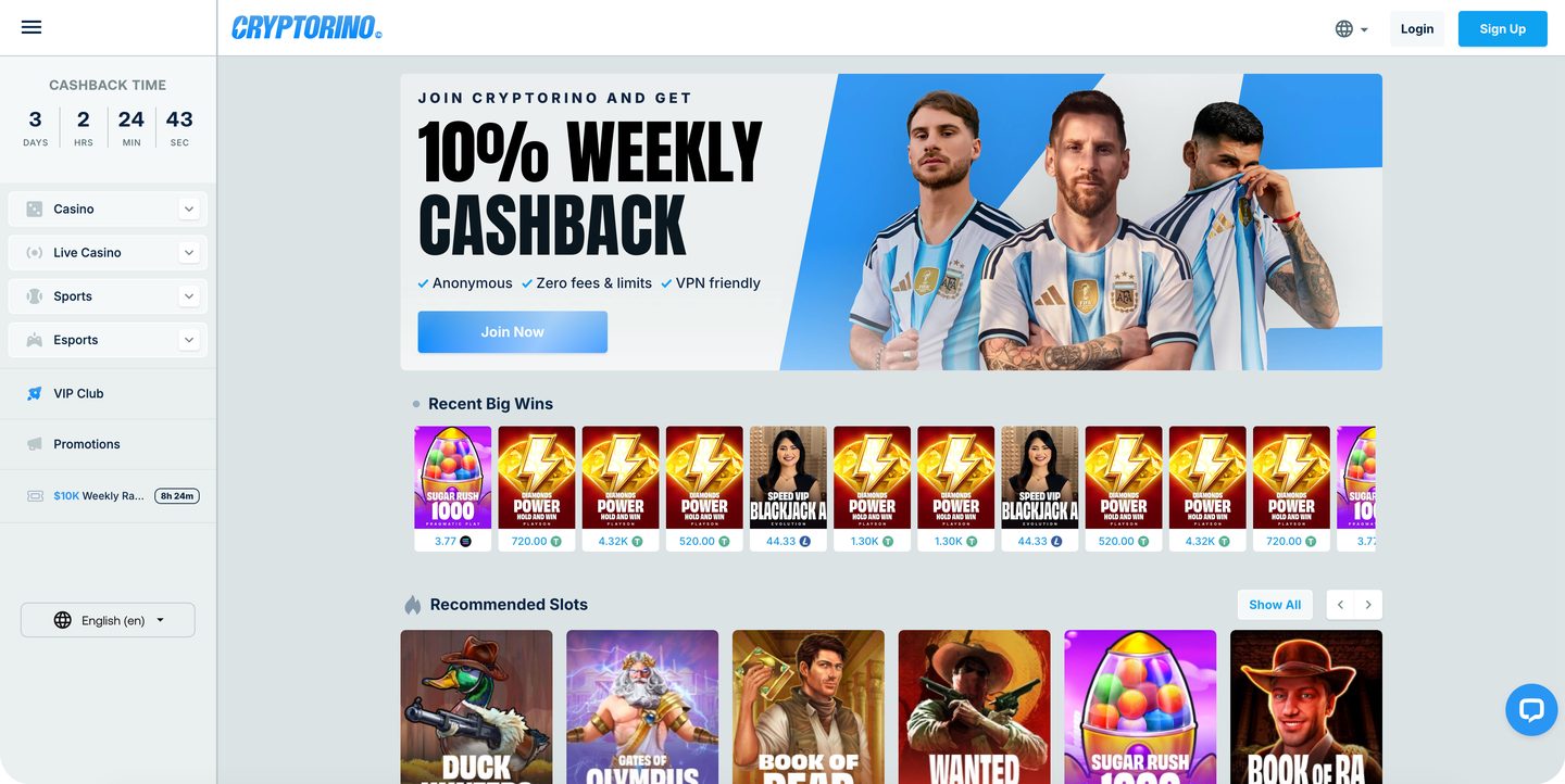 Cryptorino lobby: 10% weekly cashback banner with anonymous, zero fees and VPN friendly badges, recent big wins and the recommended slots row