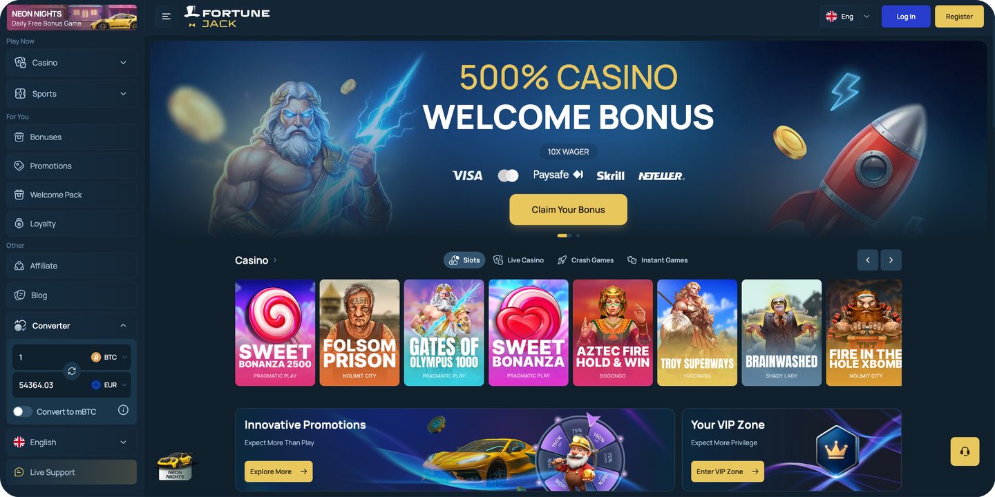 FortuneJack lobby: 500% casino welcome bonus with 10x wager, Visa, Mastercard, Paysafe, Skrill and Neteller accepted, slots carousel and the crypto converter in the sidebar